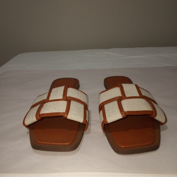 RESERVED SQUARE TOE SLIDERS WITH FABRIC STRAPS BEIGE BROWN WOMENS SIZE 41 - Picture 2 of 7